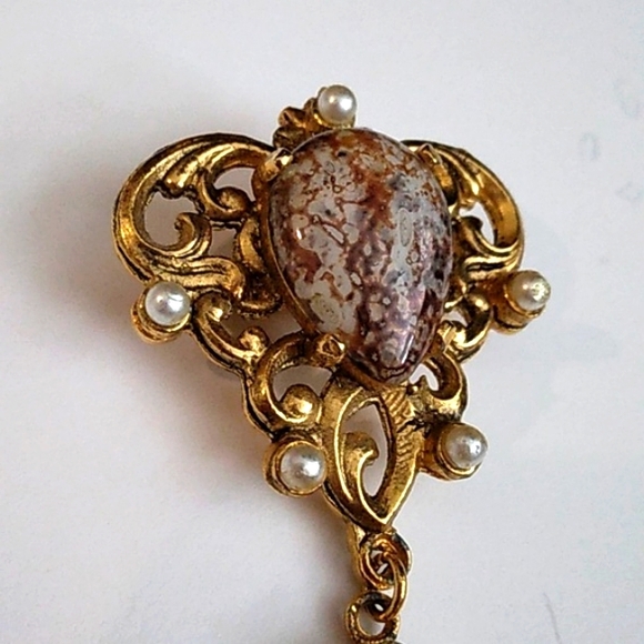 Vintage Gold and Brown Marble Brooch with Pearls - Picture 2 of 5